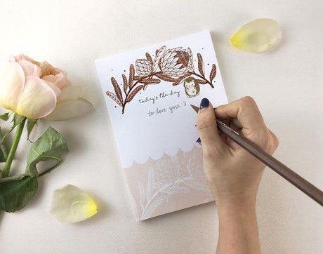 Whimsy Whimsical Copper Foil Notepad - Hedgehog & King Protea